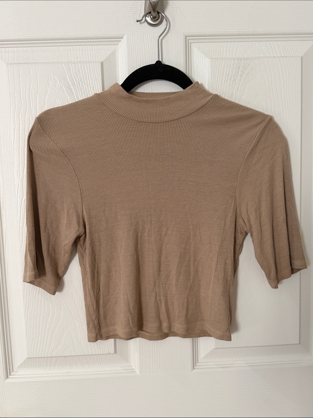 Enza Costa Tan Ribbed Cropped Mock Neck Tee medium.